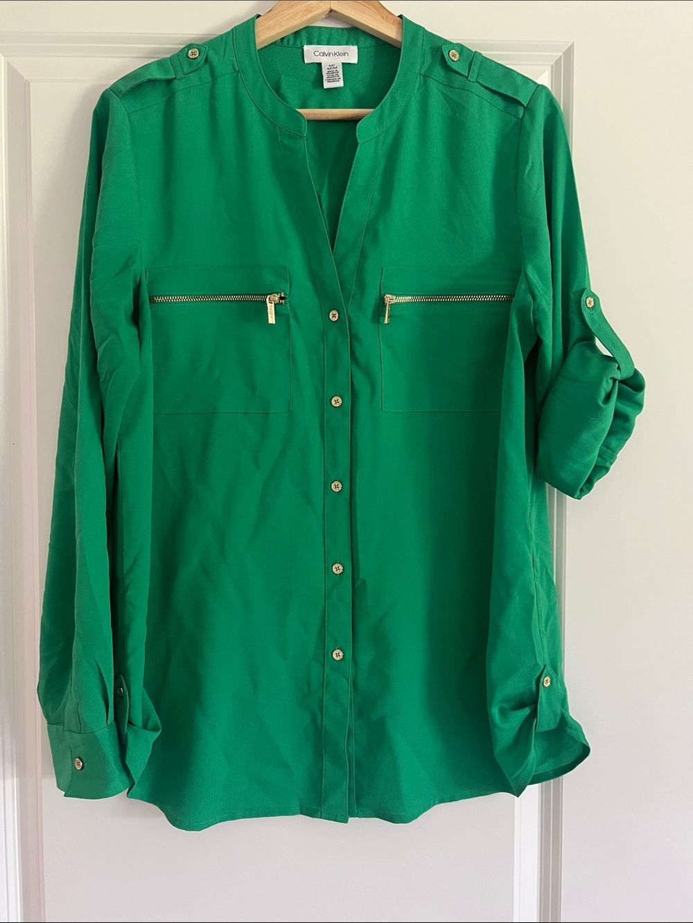 Calvin Klein Green Long-Sleeve Zip-Pocket Blouse - Picture 6 of 8
